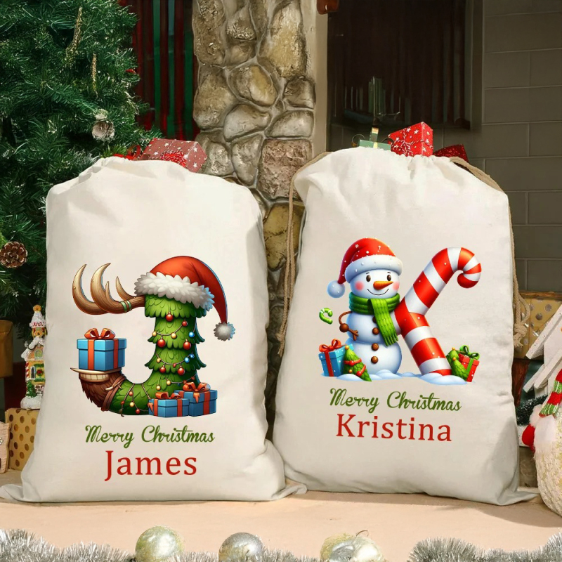 Custom Christmas Alphabet Canvas Gift Bag Tree Snowman Elf Igloo Drawstring