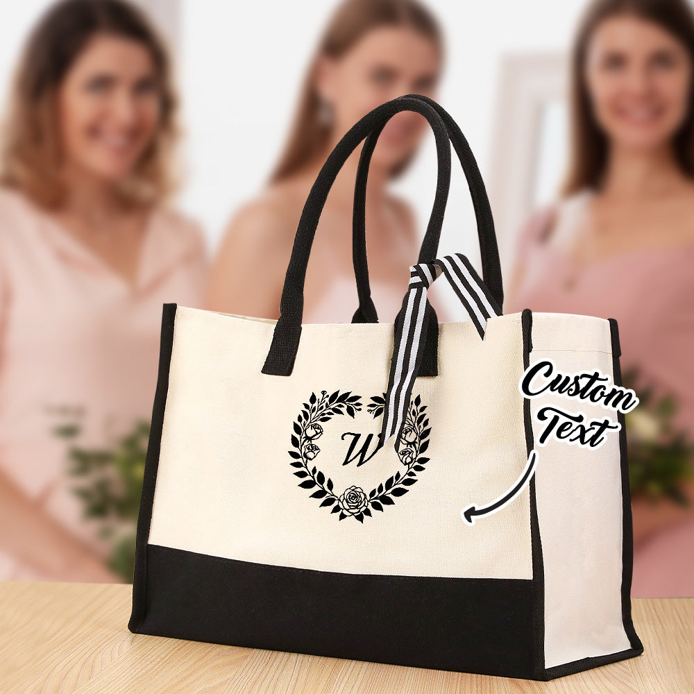 Personalized Wreath Initial Canvas Tote Bag Large Capacity Tote Bag