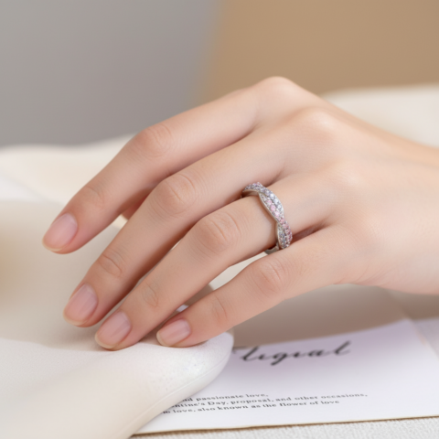 Personalized Birthstone Double Waves Silver Ring Unique Jewelry