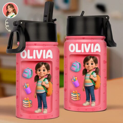 Custom Photo 3D Inflated Effect Printed Kids Water Bottle – Personalized