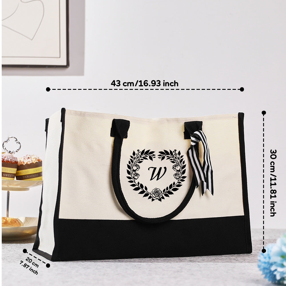 Personalized Wreath Initial Canvas Tote Bag Large Capacity Tote Bag