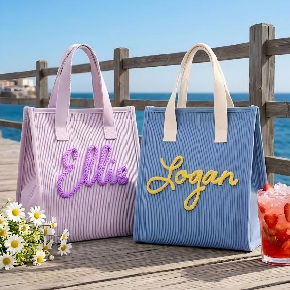 Personalized Corduroy Lunch Bag, Custom Name Soft Insulated Tote for Work