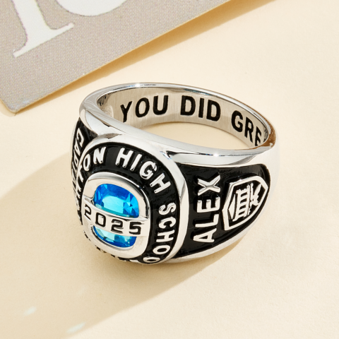 Personalized Birthstone Class Signet Ring with Engraved Symbol Name and Text