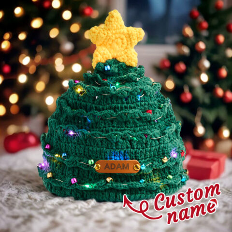 Custom Leather Patch Christmas Tree Crochet Hat Gifts for Children Christmas