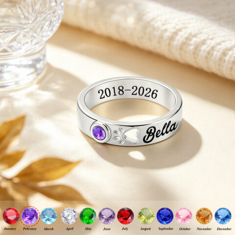Personalized Pet Memorial Ring with Birthstone – Custom Engraved Remembrance Jewelry