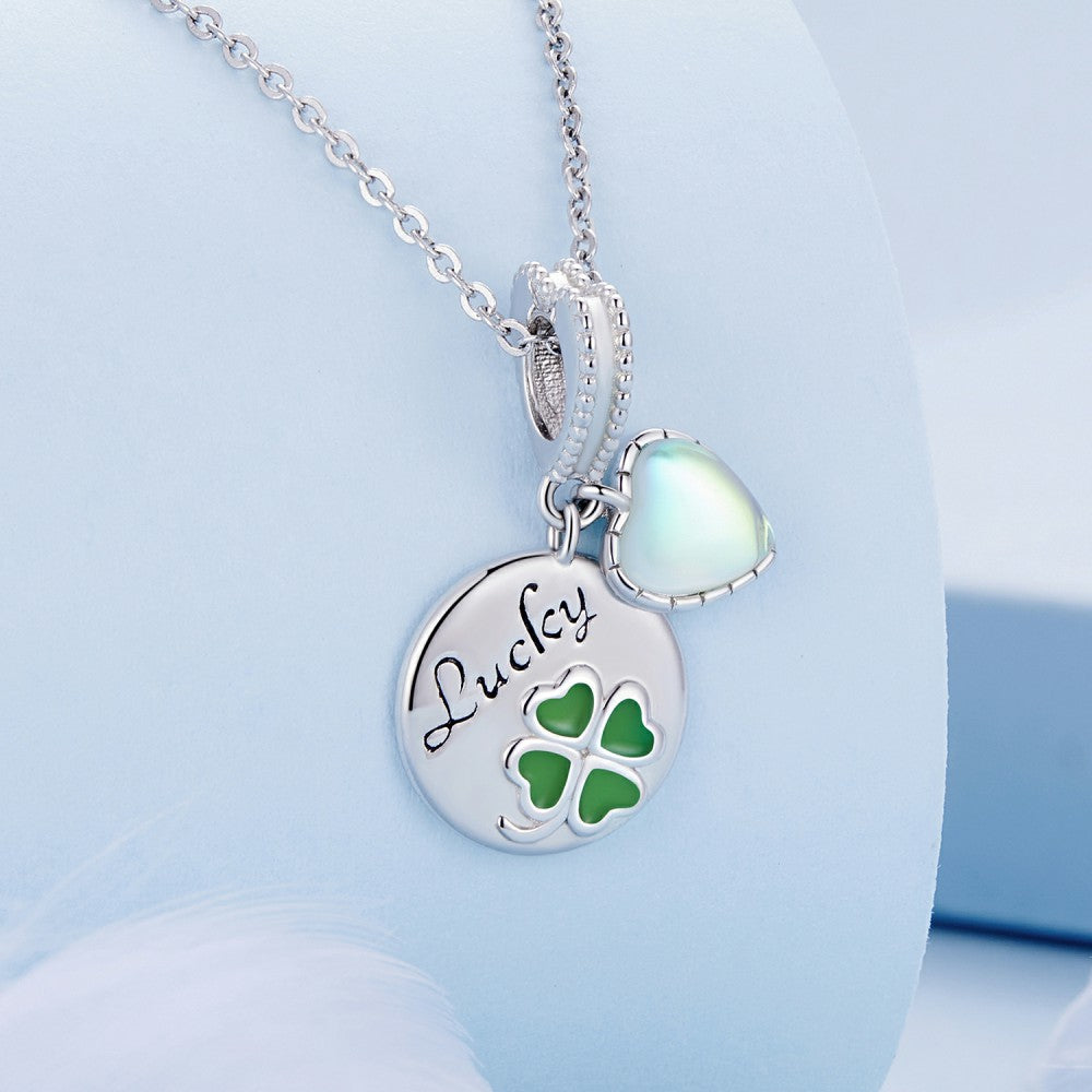 Green Four-leaf Clover Round Shape with Glass Heart Lucky Dangle Charm