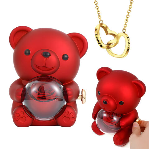 The Unexpected Favorite: Engraved Heart Necklace with Real Rose Bear Giftbox Rose Shaped