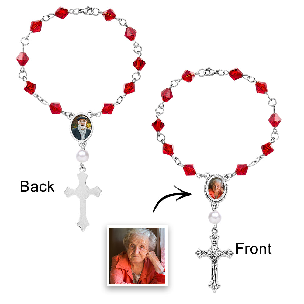 Personalized Photo Birthstone Rosary Bracelet with Cross Pendant Memorial