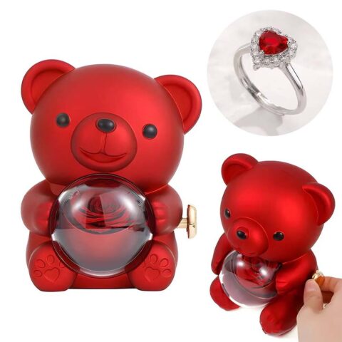 Adjustable Love Ring Couple Ring with Rose Bear Giftbox