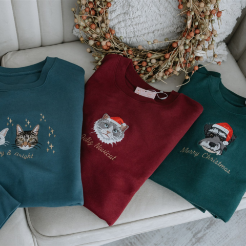 One-of-one apparel nobody else can ever own: Embroidered Pet Portrait Organic Christmas