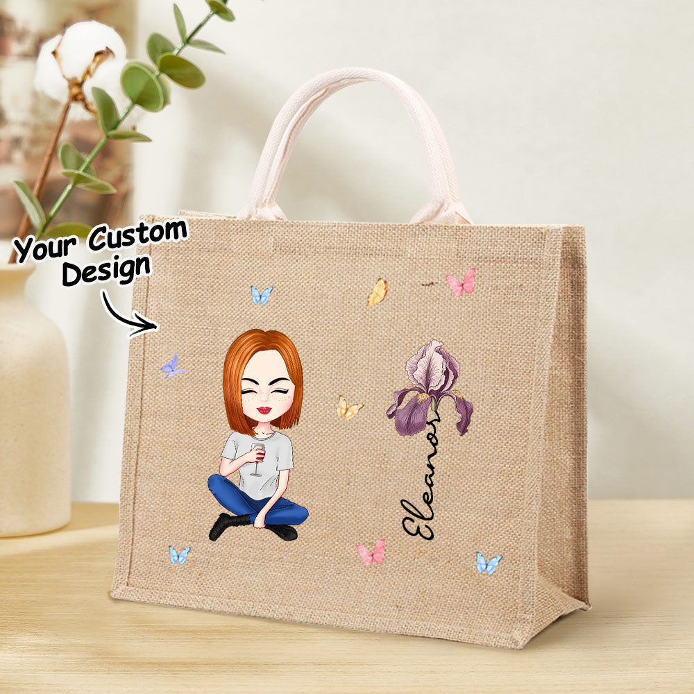 Personalized Cartoon Women Girl Birth Flower Jute Tote Bag with Name
