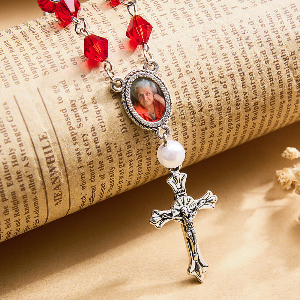 Personalized Photo Birthstone Rosary Bracelet with Cross Pendant Memorial