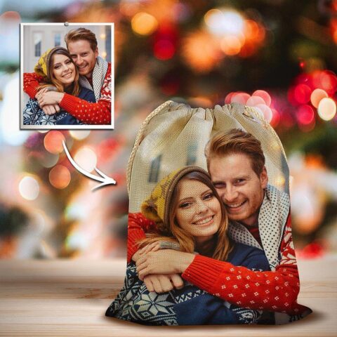 Custom Photo Drawstring Sack Wrapped Christmas Gifts for Couple