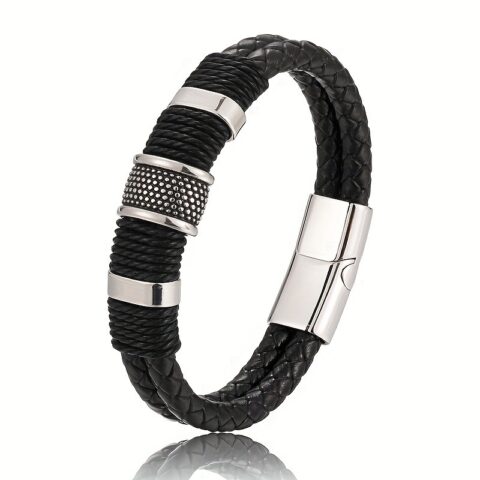 Men’s Braided Leather Style Bracelet Handmade Layered Cord Wristband with Textured