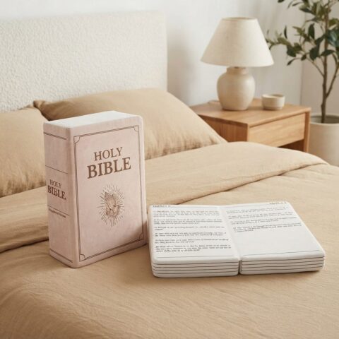 Bible Book Pillow – Book-Shaped Plush Cushion with Flip Pages, Religious