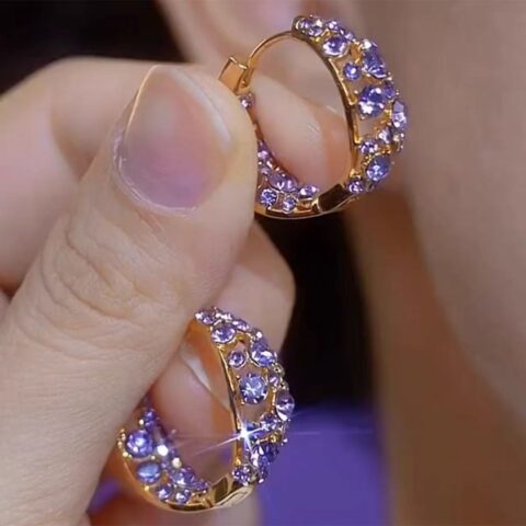 Sparkling Purple Cubic Zirconia Gold Hoop Earrings Elegant Full-Paved Amethyst Purple