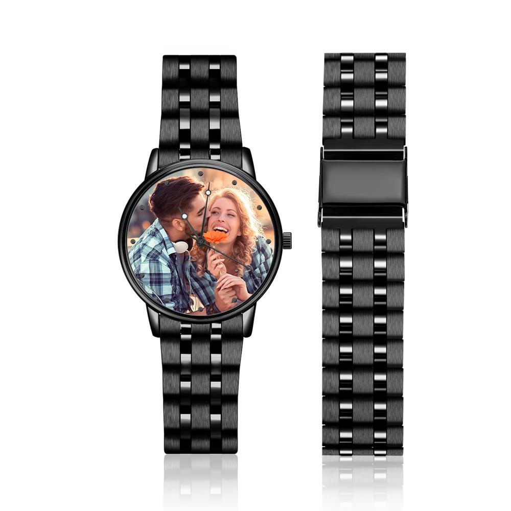 Men’s Engraved Photo Watch Calendar Black Alloy Bracelet Gift for Couple