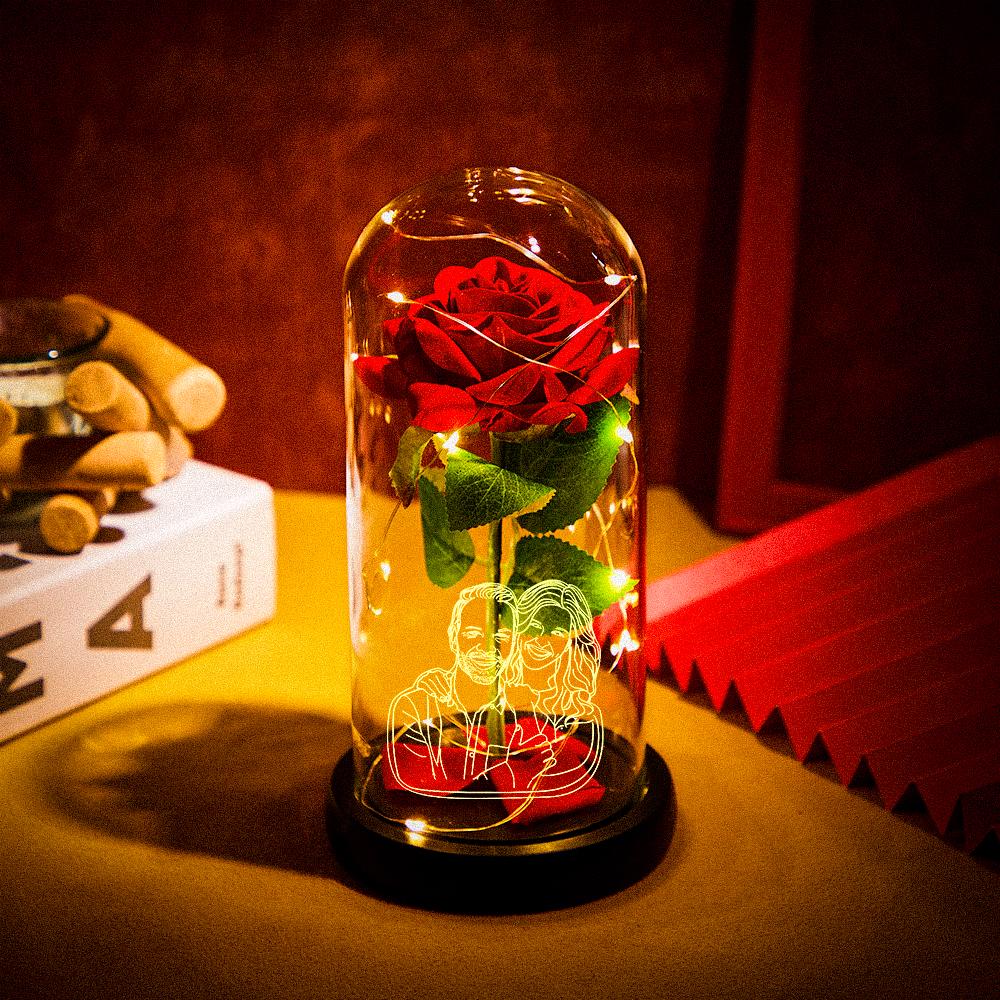 Custom Photo Line Drawing Eternal Rose Flower LED Night Light Romantic