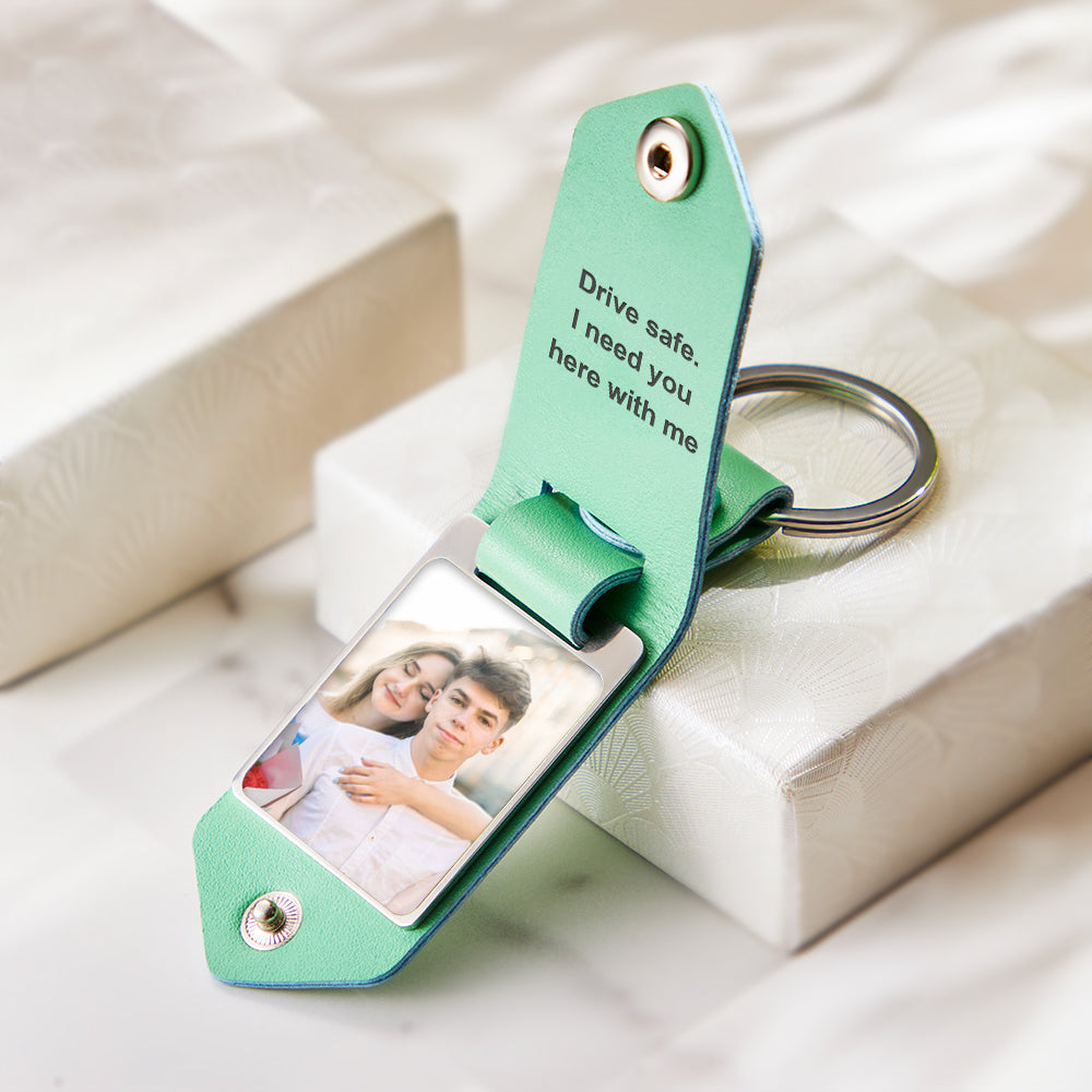 Stop Scrolling – This Is The One: Custom Leather Photo Text Drive Safe Keychain