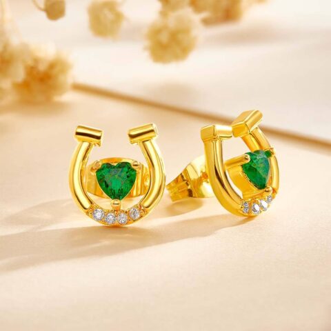 One of One, Just Like Them: Personalized Horseshoe Stud Earrings with Heart Birthstone