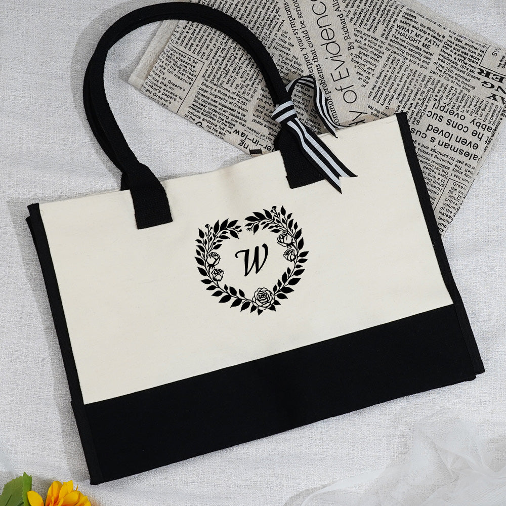 Personalized Wreath Initial Canvas Tote Bag Large Capacity Tote Bag