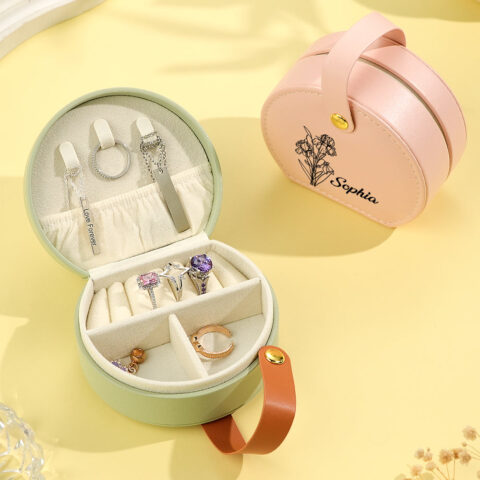 Personalized Birth Flower Leather Jewelry Box with Name Jewelry Box