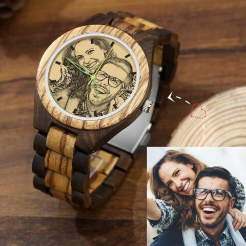 Men’s Engraved Wooden Photo Watch Wooden Strap 45mm