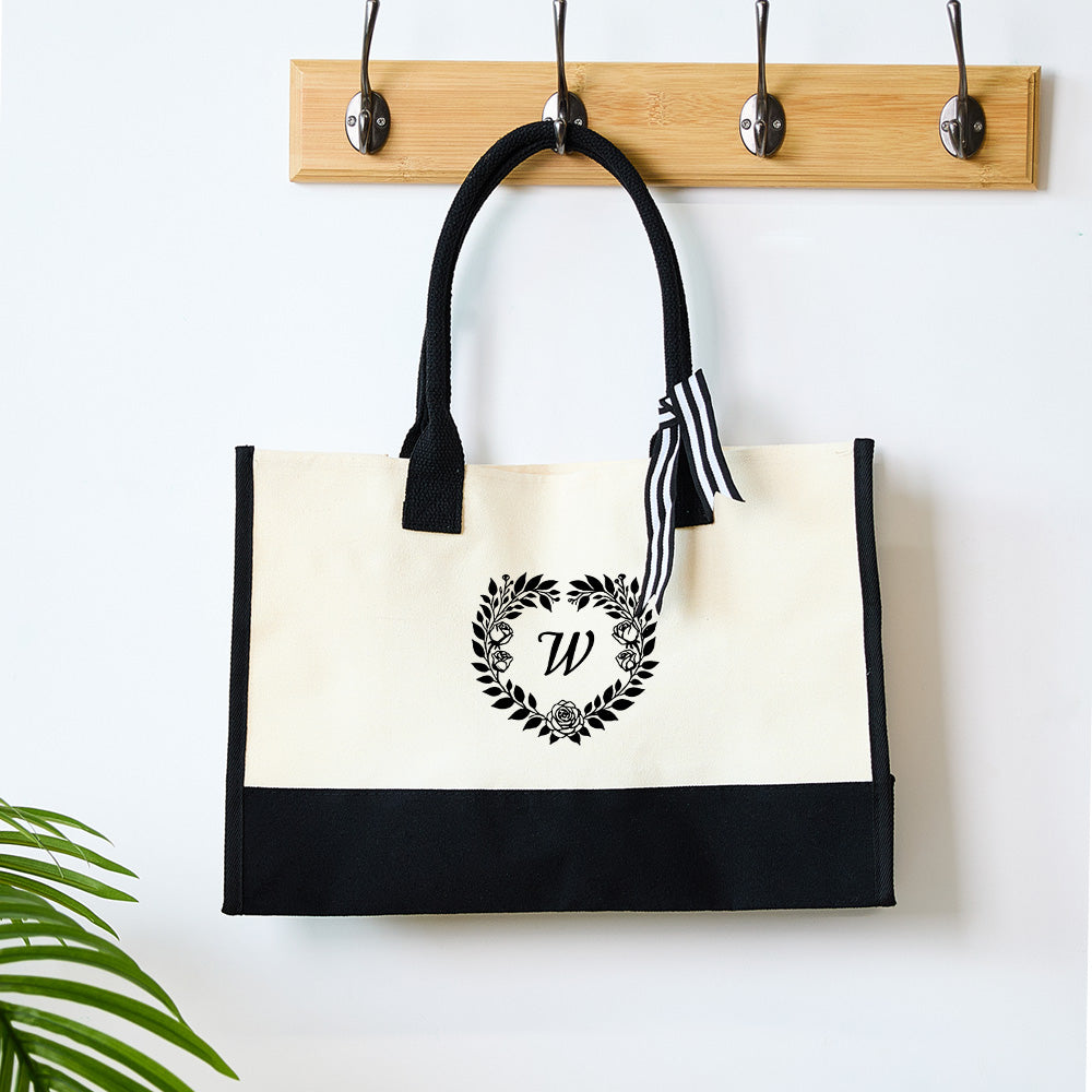 Personalized Wreath Initial Canvas Tote Bag Large Capacity Tote Bag