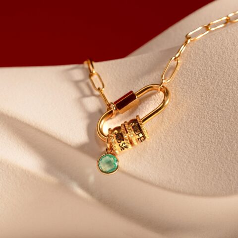 Carabiner Name Charm Necklace for Her Lock Necklace with Birthstone Personalized