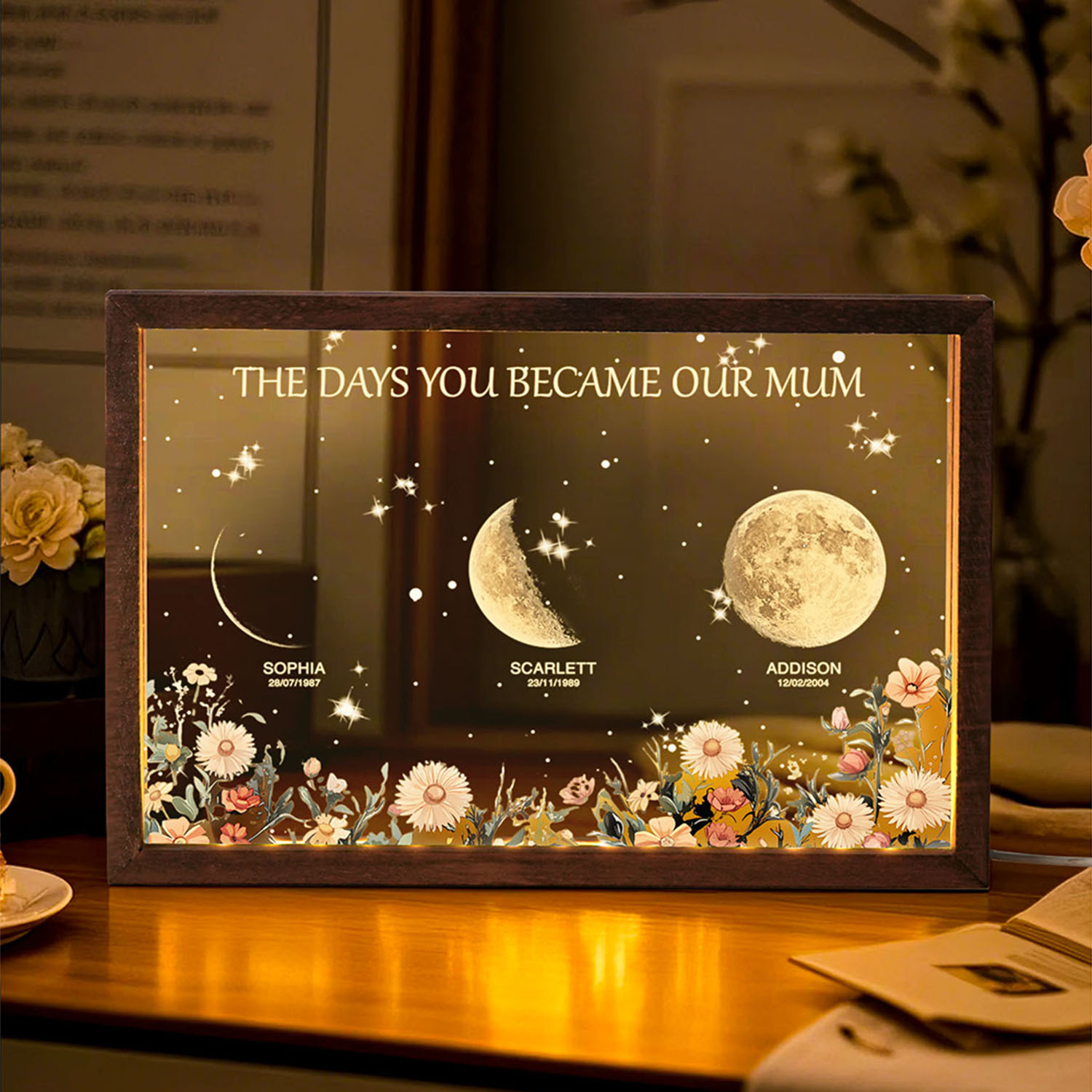 Turn any room into a memory they can see: Personalized The Days You Became Our Mom Moon