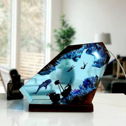 The Gift They Show Everyone: Art Resin Lamp Night Light Whale and Couple Diver Home Decor