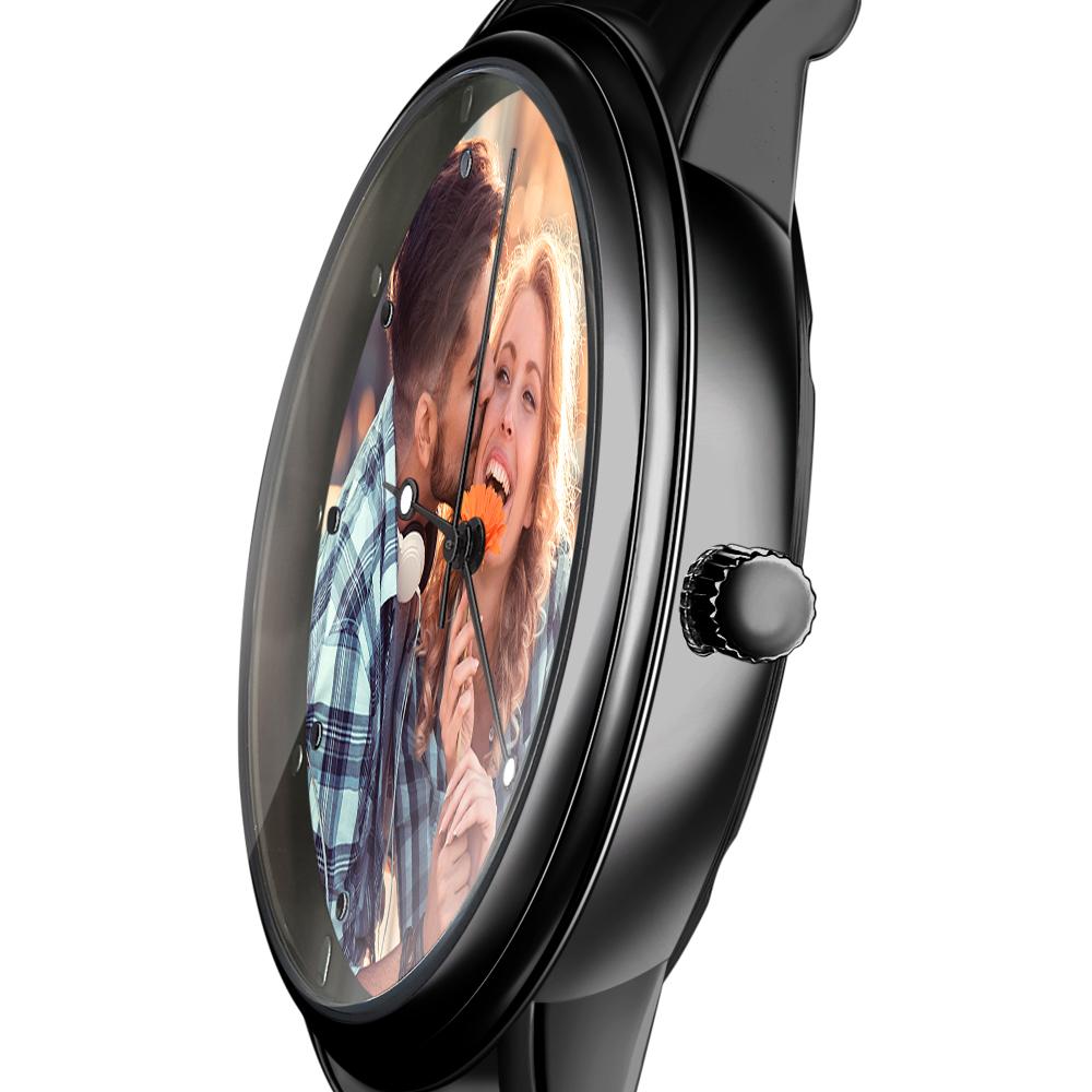 Men’s Engraved Photo Watch Calendar Black Alloy Bracelet Gift for Couple