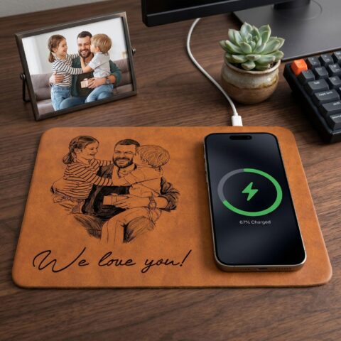 Custom Photo Charging Pad for Dad – Personalized Sketch Line Art