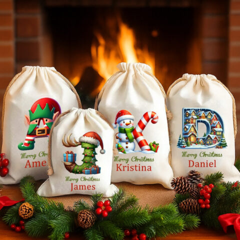 Custom Christmas Alphabet Canvas Gift Bag Tree Snowman Elf Igloo Drawstring