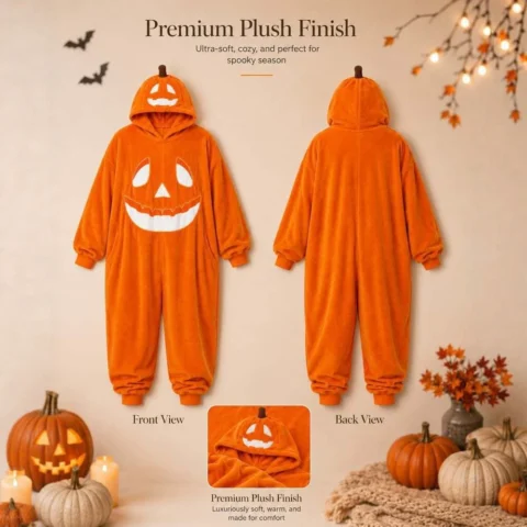 Halloween Pumpkin Onesie Plush Fleece Pajamas Thick Warm Jack-O’-Lantern Hooded Adult