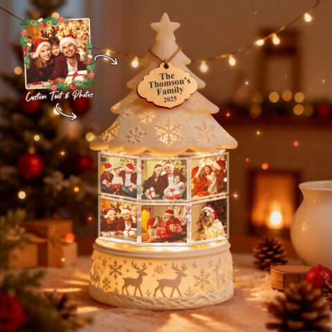 Custom Multi-Photo Rotating Night Light Music Box Engraved Family Keepsake Lamp