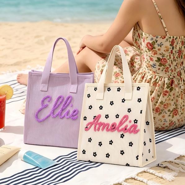 Personalized Corduroy Lunch Bag, Custom Name Soft Insulated Tote for Work
