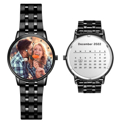 Men’s Engraved Photo Watch Calendar Black Alloy Bracelet Gift for Couple