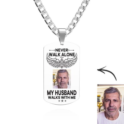 Custom Photo Necklace NEVER WALK ALONE Engrave Tag Necklace Stainless Steel
