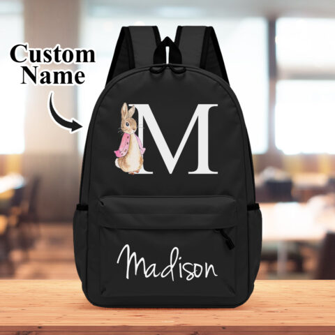 Personalised Name Initial Backpack with Rabbit Design Girls Boys Kids School
