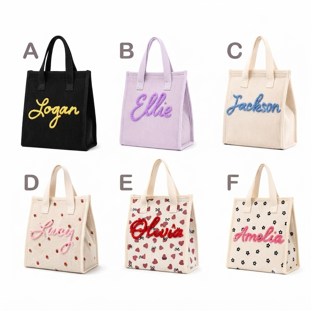 Personalized Corduroy Lunch Bag, Custom Name Soft Insulated Tote for Work