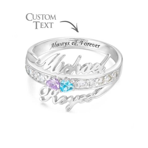 One of One, Just Like Them: Custom Name and Text Double Heart Birthstone Promise Ring