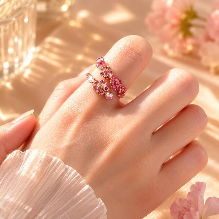 The Unexpected Favorite: Peach Blossom Ring Flower Adjustable Ring Dainty Pavé Floral