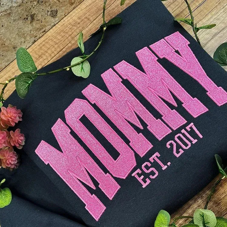 One-of-one apparel nobody else can ever own: Custom Embroidered Glitter Vinyl MAMA