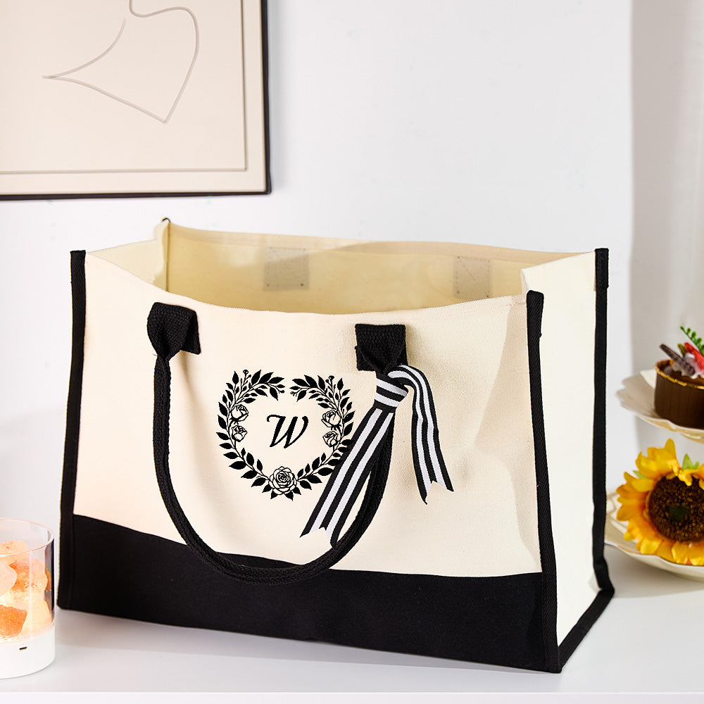 Personalized Wreath Initial Canvas Tote Bag Large Capacity Tote Bag