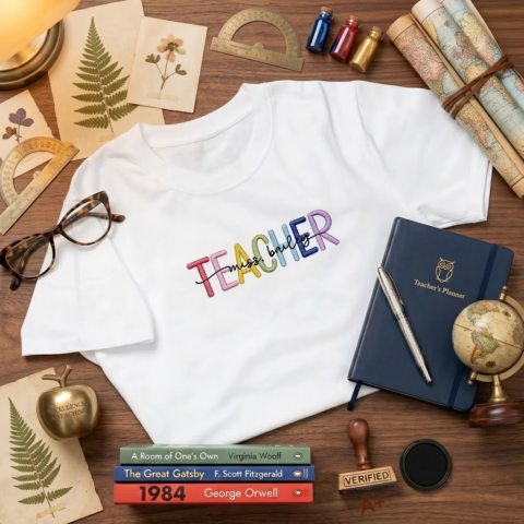 Personalized Multicolor Embroidered Teacher T-Shirt Sweatshirt Hoodiewith Custom Name