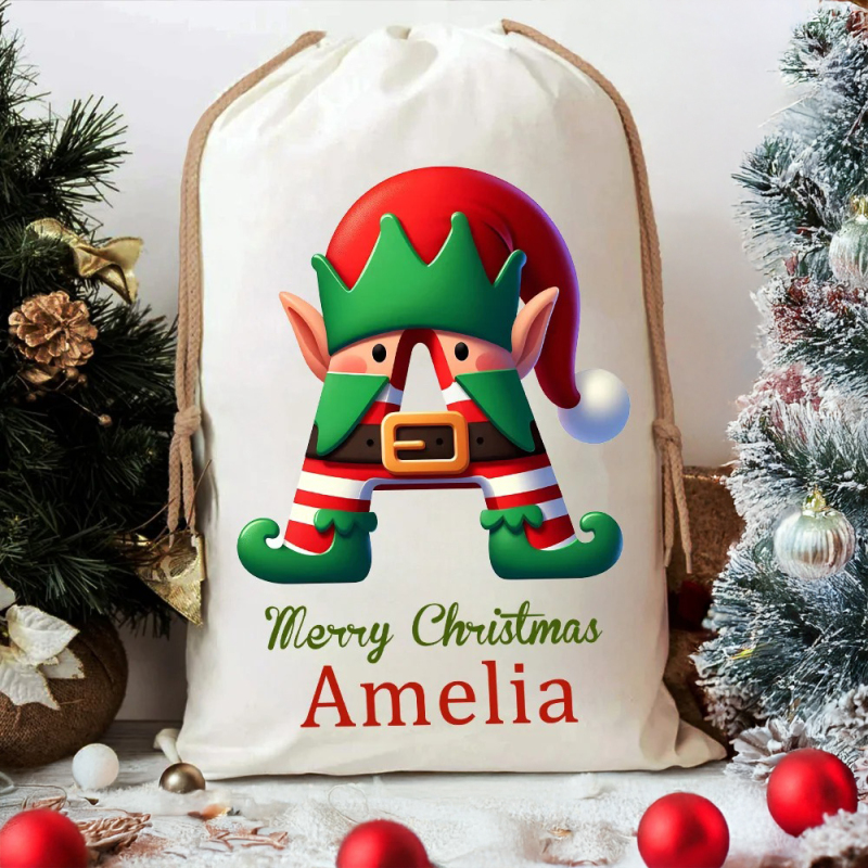 Custom Christmas Alphabet Canvas Gift Bag Tree Snowman Elf Igloo Drawstring