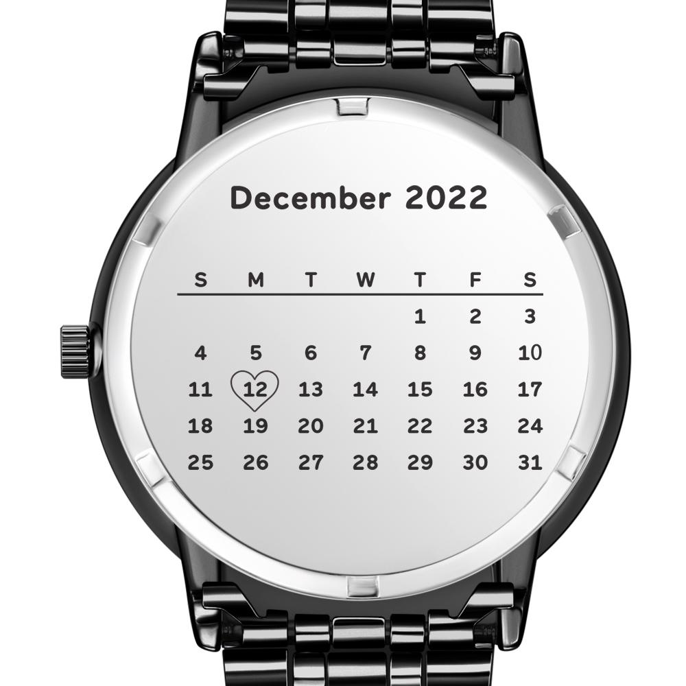 Men’s Engraved Photo Watch Calendar Black Alloy Bracelet Gift for Couple