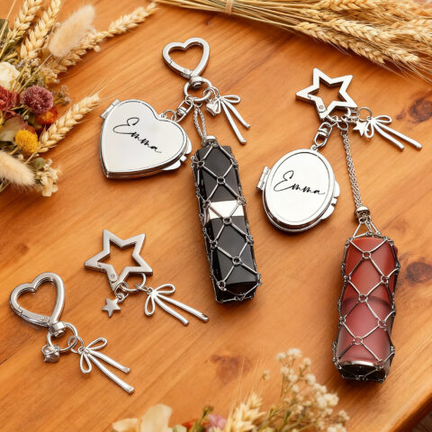 Personalized Lipstick Keychain with Mirror: Stainless Steel Makeup Bag Charm Valentine’s
