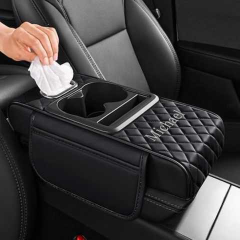 Custom Name 5 in 1 Nappa Leather Console Armrest Cover, Black